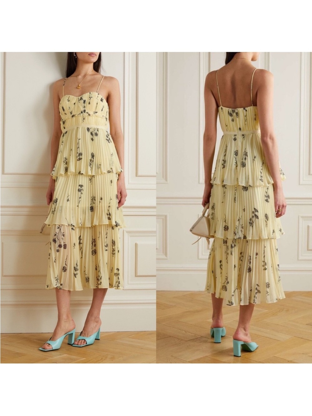 Self-Portrait Pale Yellow Floral Tiered Midi Dress